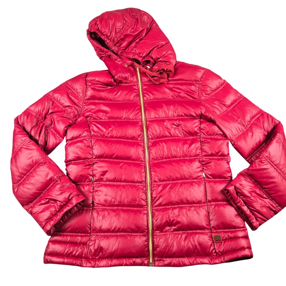 Calvin Klein Packable Down Puffer Jacket Womens L Red Lightweight Hooded Coat